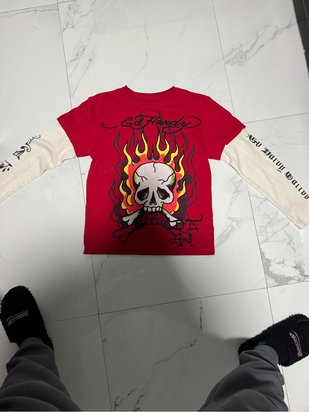 Ed Hardy Red Tee with Cream Layered Long Sleeves and Flame Skull